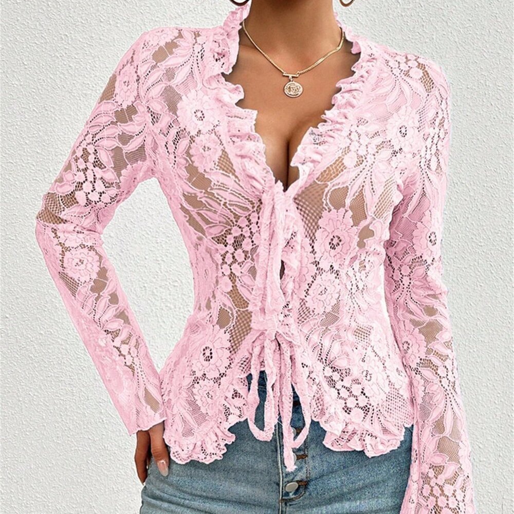 Pink Sexy Women's Lace Sheer Long Sleeve Tops Tie Front Ruffle Shirt Blouses